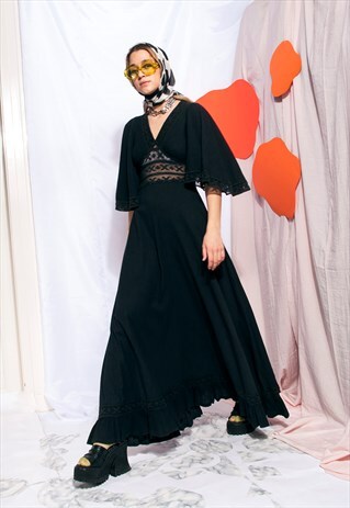 VINTAGE DRESS 70S BLACK LACE FESTIVAL MAXI DRESS