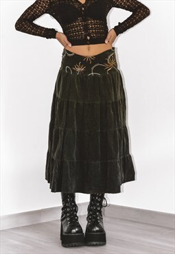 Vintage Fairycore Grunge Corduroy Embroidered Ruffle Skirt
