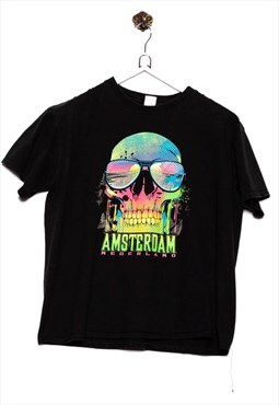 Vintage Gildan T-Shirt Amsterdam Skull Print Black