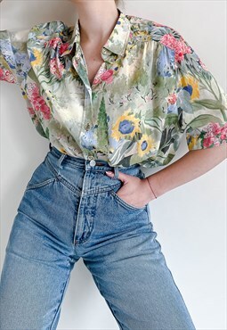 Vintage 90s Festival Multi Floral Short Sleeve Shirt Women L