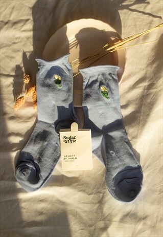 BLUE TULIP MOTIF EMBROIDERED SOCKS