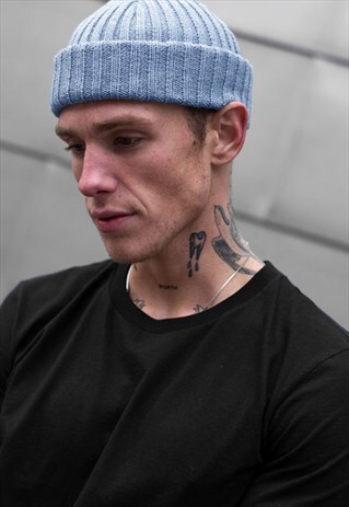 TURN UP TRAWLER PLUSH RIBBED BEANIE HAT - SKY BLUE
