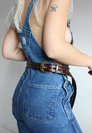 VINTAGE 90S BROWN LEATHER BRASS BUCKLE BELT