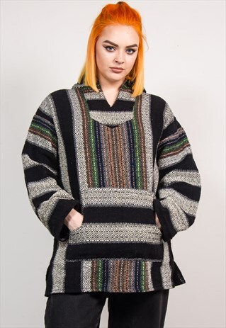 VINTAGE 90'S GRUNGE PATTERN STRIPE HIPPIE BAJA HOODIE JUMPER