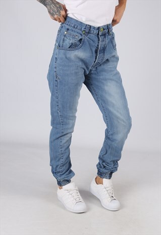 HIGH WAISTED DENIM JEANS TAPERED SLIM LEG UK 14 (CJ3P)