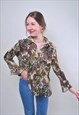 ABSTRACT PRINT VINTAGE RIBBED BLOUSE, RETRO MULTICOLOR SHIRT