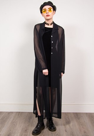 VINTAGE 90'S BLACK SHEER OVERSIZED FLOATY SHIRT DRESS