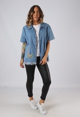 DENIM SHIRT OVERSIZED FITTED EMBROIDERED FLORAL UK 18 (HK4F