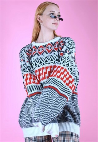 VINTAGE 90S KNIT JUMPER GEOMETRIC PATTERN GREY RED WHITE