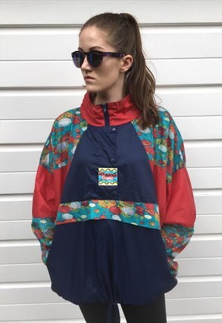 WOMENS VINTAGE 80S BLUE RED PATTERNED PULLOVER RAIN COAT