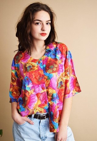 80'S RETRO ABSTRACT FLORAL PATTERN OVERSIZED SHIRT BLOUSE