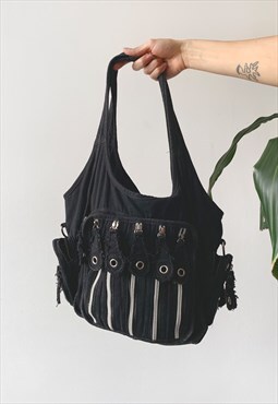 Vintage 00's Y2K Black Distressed Grunge Cargo Shoulder Bag