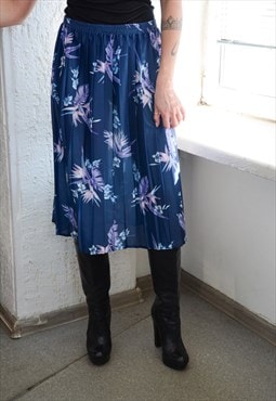 Vintage 80's Blue Pleated Midi Floral Print Skirt