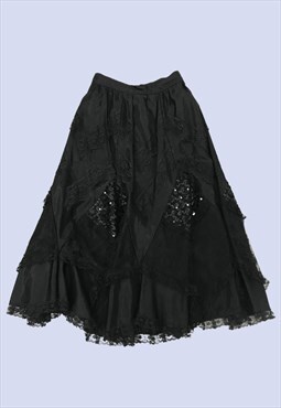 Vintage 80s Black High Waist Sequins Lace Trim Midi Skirt
