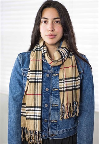 VINTAGE BEIGE CHECKED PLAID SCARF 90S X 4