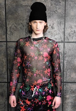 Sea life print mesh top transparent graffiti top red black 