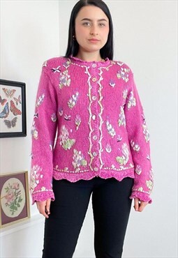 Vintage 90s pink floral knitted cardigan 