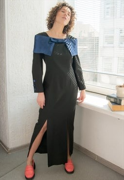 Vintage 60's Unique Black Long Sleeved Maxi Dress