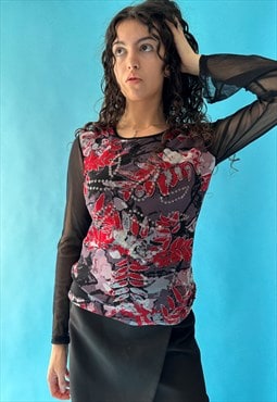 Vintage Y2K Size M Sheer Abstract Top in Black and Red.