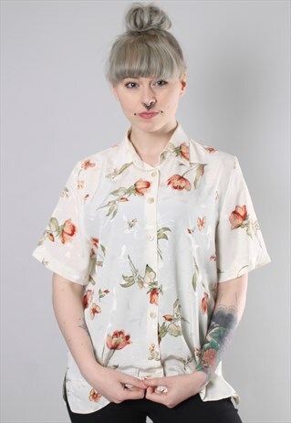 VINTAGE 90S FLORAL PATTERNED TEXTURED BLOUSE SHIRT TOP