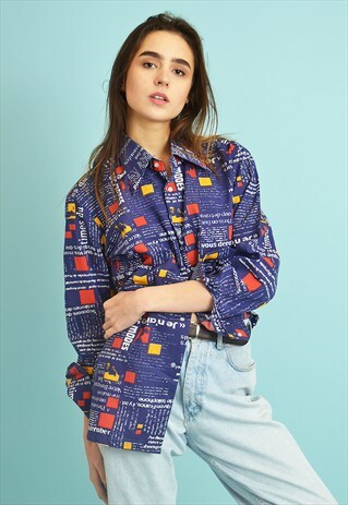 VINTAGE 90'S RETRO ABSTRACT PATTERN PETITE SHIRT TOP BLOUSE