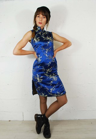 VINTAGE 90S GRUNGE EMBROIDERED COCKTAIL MINI/MIDI DRESS BLUE
