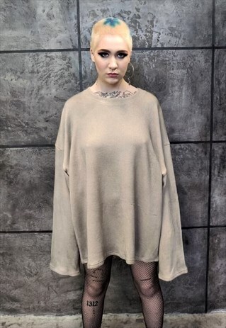 DIRTY OIL WASH THIN SWEATSHIRT DISTRESSED LONG JUMPER CREAM