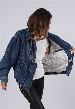 VINTAGE SHERPA DENIM BOMBER JACKET OVERSIZED UK 12 M (J3J)