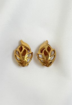 Christian Dior Earrings Gold Clip on Leaf Metal Vintage 
