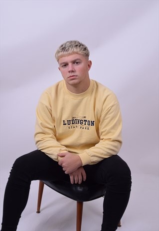 VINTAGE 90'S YELLOW LUDINGTON USA VARSITY SWEATER MEDIUM