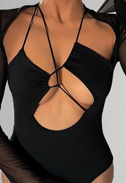 y2k Cutout Front bodysuit with Mesh Sleeves - Black