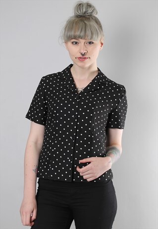 VINTAGE 80S POLKA DOT PATTERNED FITTED TIE BACK BLOUSE TOP