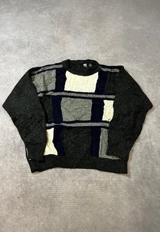 VINTAGE KNITTED JUMPER ABSTRACT PATTERNED GRANDAD SWEATER