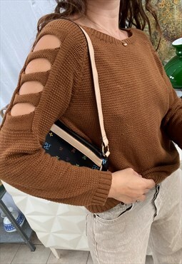Vintage Y2K 00s keyhole brown knitted minimalist jumper