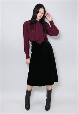 70's Vintage Ladies Skirt Black Velvet A Line Midi Small