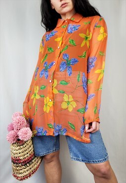 Vintage 90s colorful floral sheer long blouse shirt