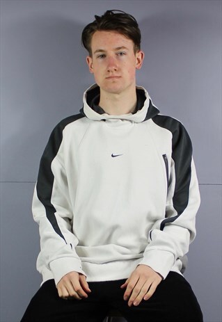 VINTAGE NIKE HOODIE IN WHITE WITH CENTRE SWOOSH LOGO AND POC