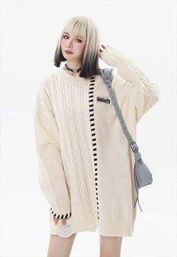 Asymmetric sweater cable knit jumper retro stitching top 