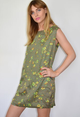 VINTAGE 70S GREEN FLORAL PATTERN MINI SUMMER DRESS