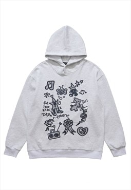 Psychedelic hoodie scribble print pullover grunge top grey