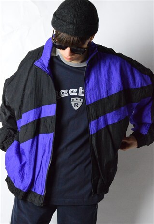 VINTAGE 90S BLACK PURPLE COLOUR BLOCK SHELL TRACK JACKET