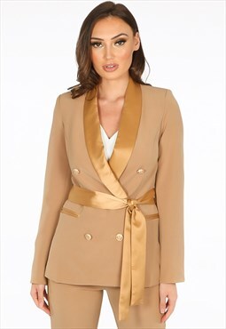 Camel Tailored Belted Blazer With Satin Lapel