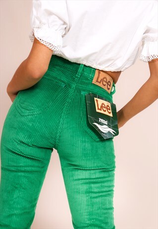 VINTAGE 80S GREEN CORDUROY SKINNY LEE TROUSERS