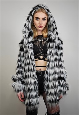 Shaggy striped fur jacket black white detachable luxe bomber