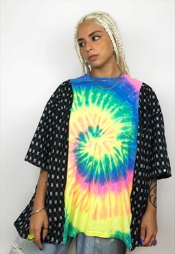 Upcycled Reworked Tie Dye T-shirt With Dollar Pattern Sleeve