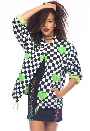 CHECK AND LIME HEART PRINT HARRINGTON JACKET