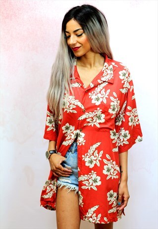 1990S VINTAGE ORANGE WITH CREAM HAWAIIAN OVERSIZED SHIRT