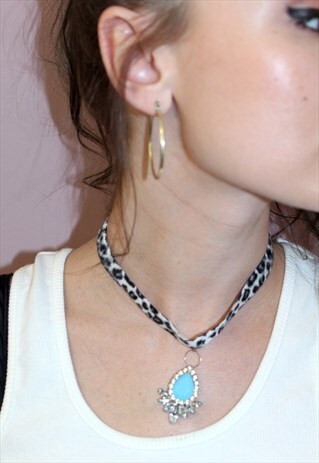 90S VINTAGE LEOPARD GEM VELVET CHOKER FESTIVAL GRUNGE
