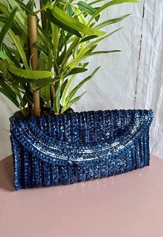 Vintage Blue Sequin Straw 90's Clutch Bag