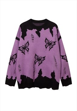 Butterfly sweater distressed grunge jumper ripped top purple